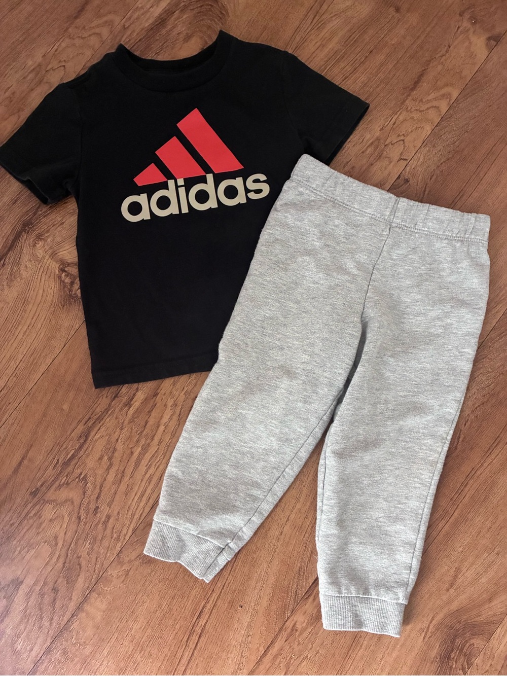 adidas Black Tee with Red Logo and Light Gray Joggers